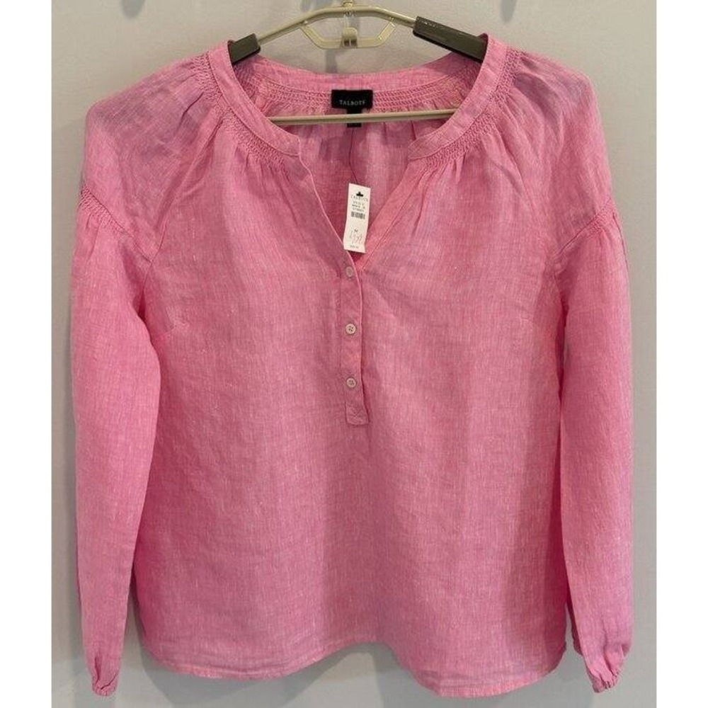 Talbots Smocked Arm Long Sleeve Pink 100% Linen Shirt New Size M